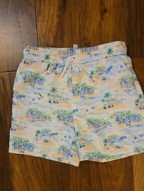 Janie and Jack White Tropical Print Swim Trunks with Blue and Green Accents